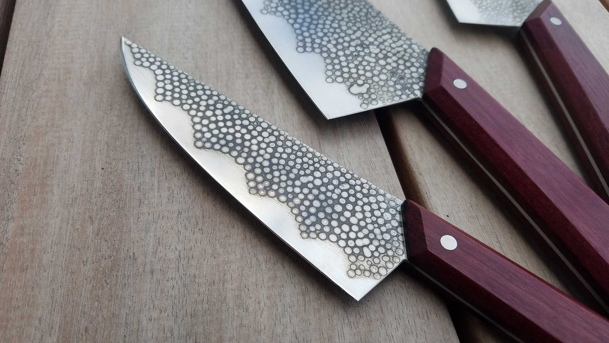  The blade finish is called forced “pattern” patina, which helps preserve the knives. 