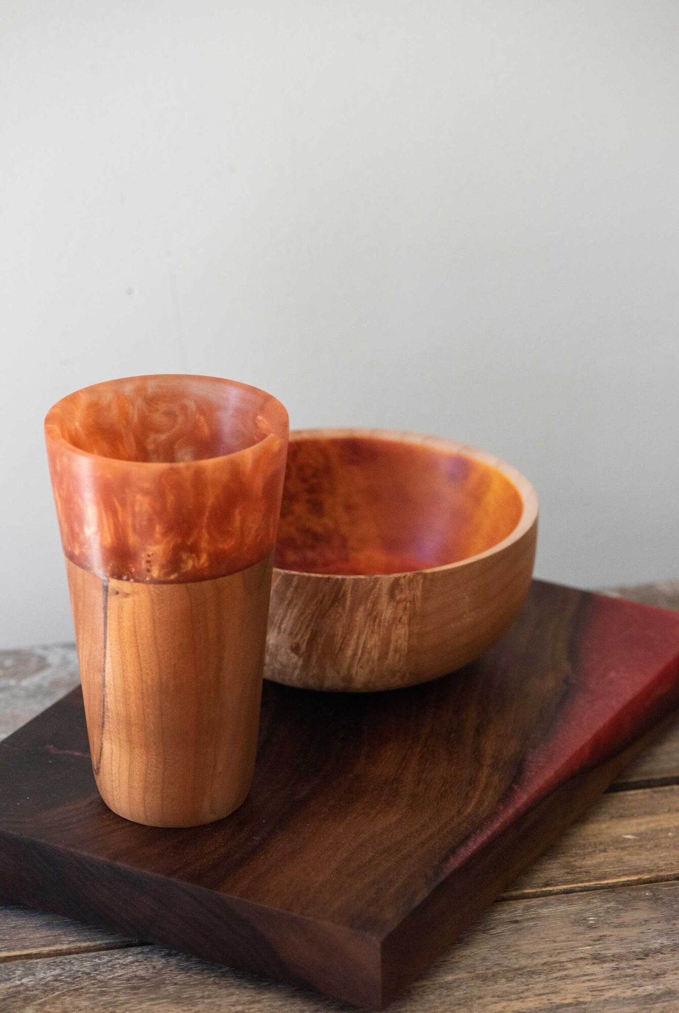  This cup, bowl, and board began as rough burl or “blanks”; Peggy’s artful hand turned them into masterpieces. 