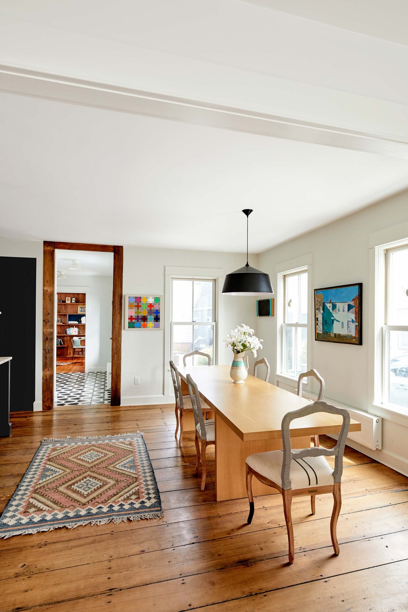  The dining room table was purchased from former Rockport gallerist Edith Caldwell, who’d had it custom made. For years, it’s hosted family gatherings—and, hopefully, soon friends again. 