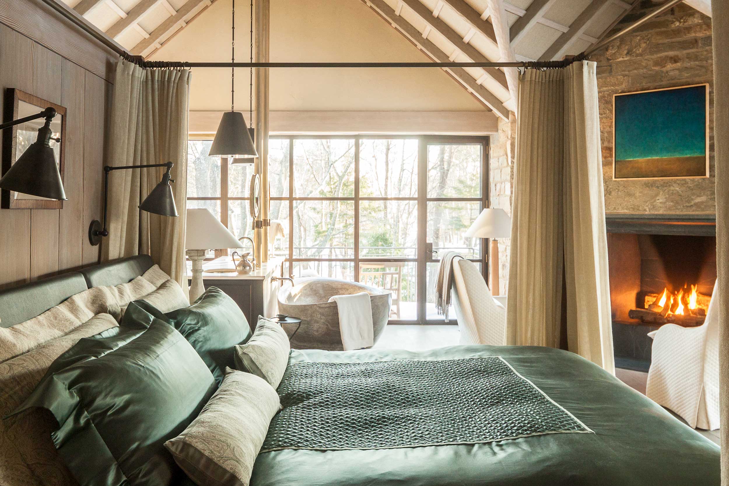 Vaulted ceilings in the master bedroom evoke the great lodges of the late 18th and early 20th centuries.