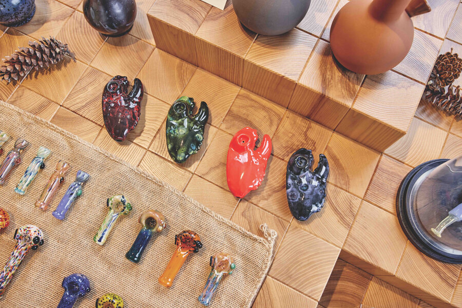  Handmade smokeware doubles as art: lobster claw pipes by Blue Moose Casting, blown glass pipes by Sarah Marblesbee. 